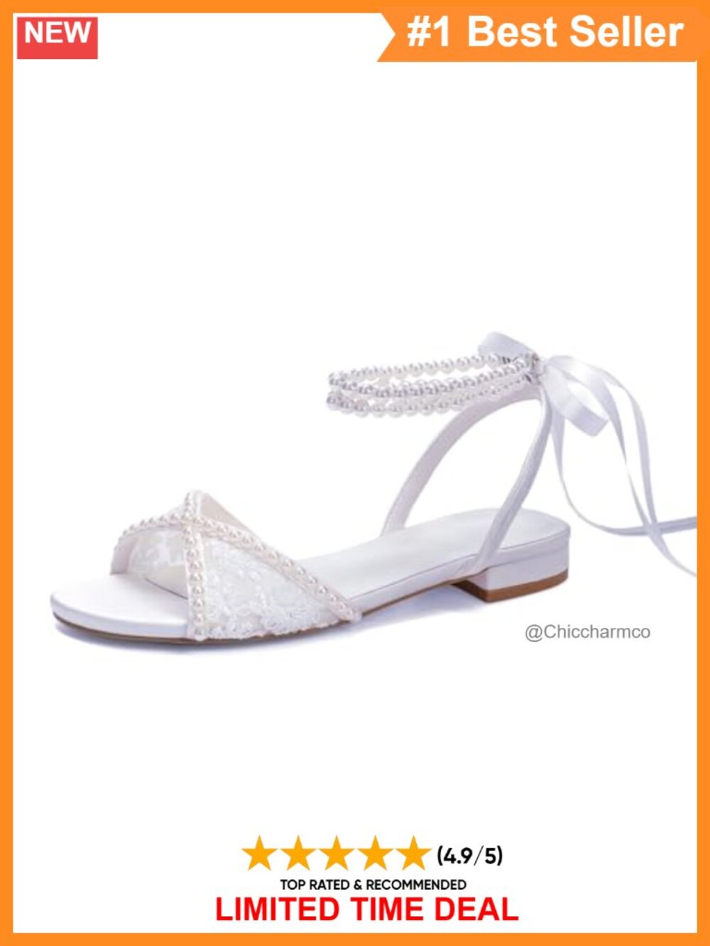 Lace Pearl Flat Wedding Sandals Open Toe Ankle Strap Bridal Shoes